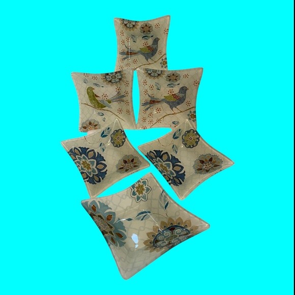 6 Reverse Painted Glass Snack Bowls Abstract Birds Mosaic Design 5" MCM - Picture 15 of 15